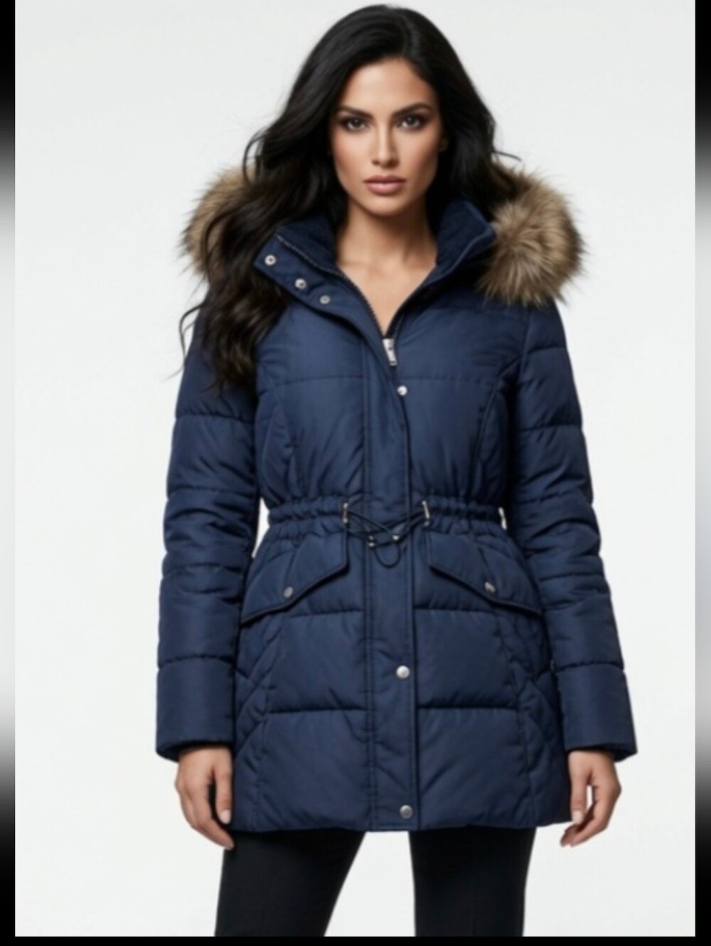 St John Bay Women's Navy Puffer Coat with Faux Fur Hood (Size : Large)